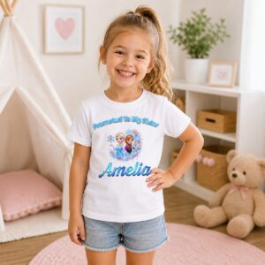 Young girl wearing personalised promoted to big sister t-shirt with frozen inspired design and custom name