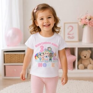 Personalised Cocomelon birthday shirt for girls flat lay birthday outfit