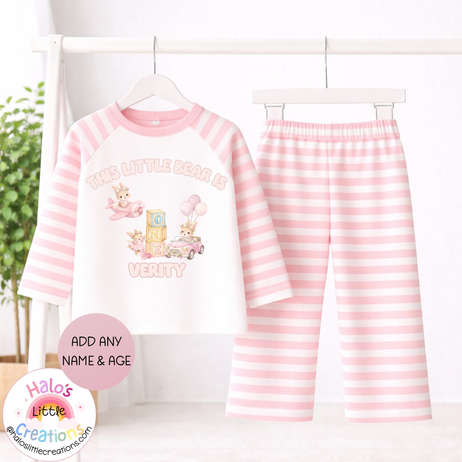 Personalised girls 1st birthday pink stripe pyjamas with teddy bear birthday design