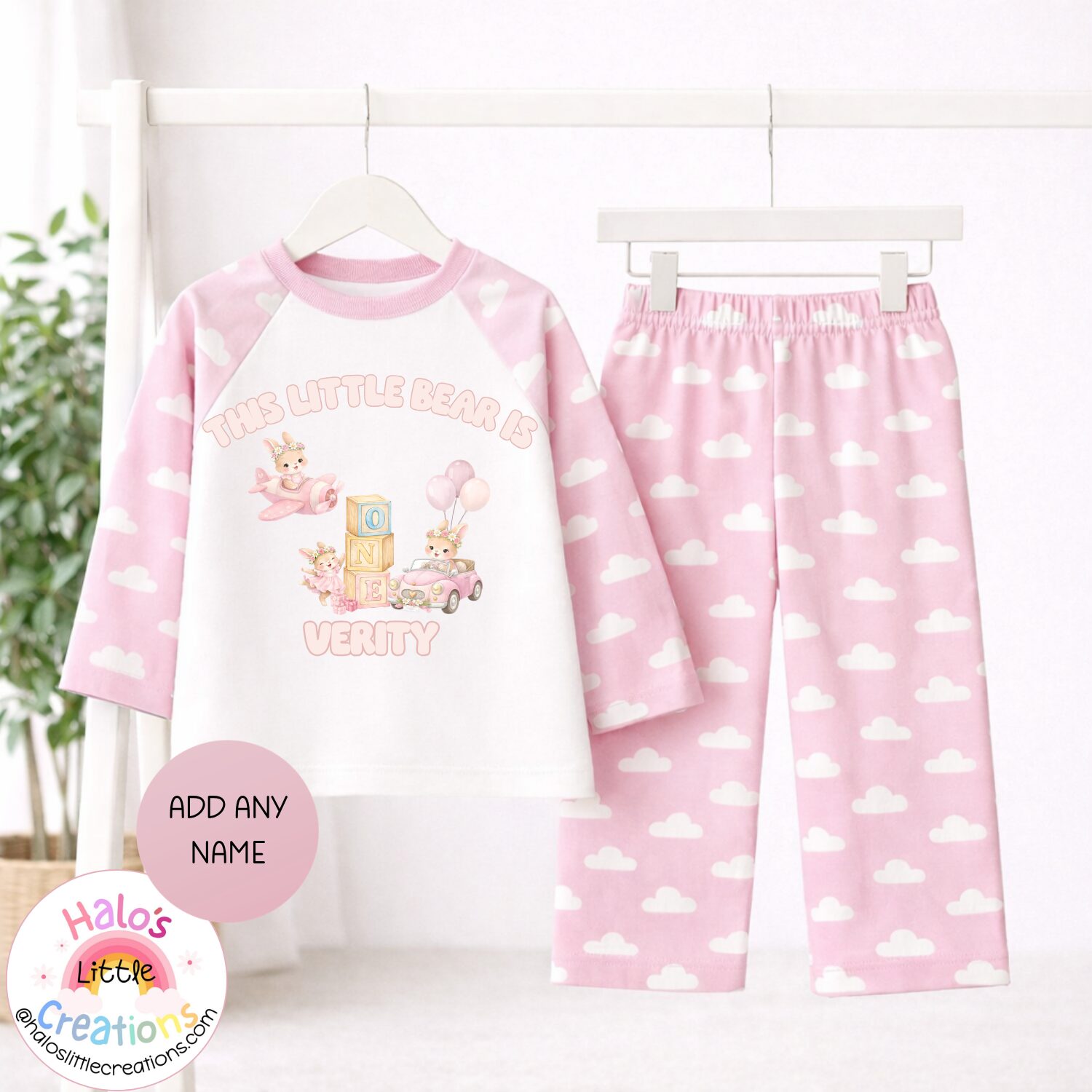 Pink cloud print personalised girls birthday pyjamas with teddy bear one theme