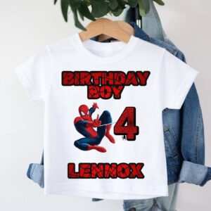 Toddler wearing personalised superhero birthday shirt with custom name and age