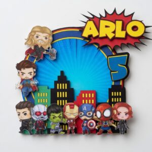 Personalised Avengers cake topper with custom name Arlo and age 5 displayed on superhero themed birthday cake