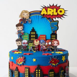 Personalised Avengers birthday cake topper featuring superhero city skyline with custom name and age