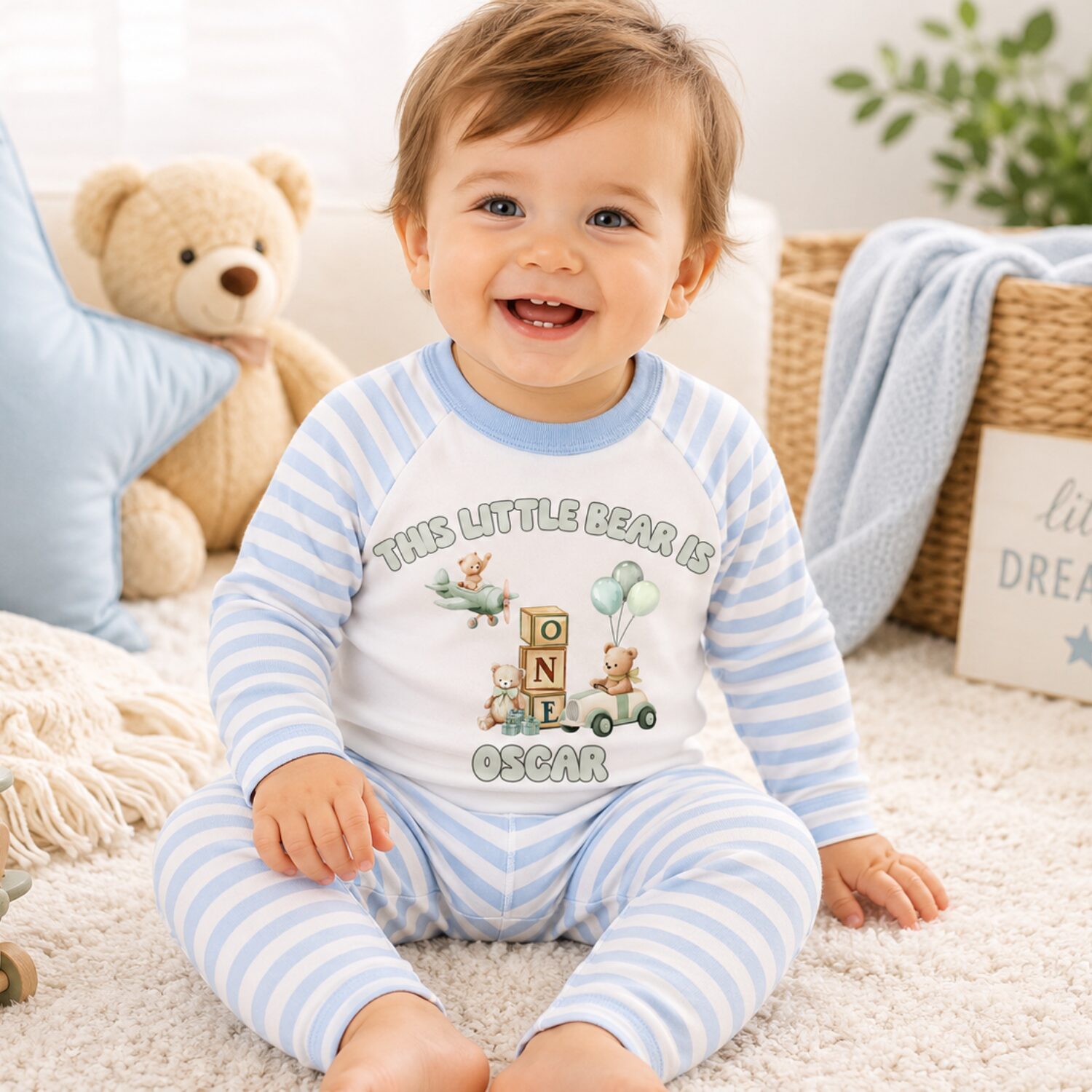 personalised my fairy first birthday pink pyjamas – girls 1st birthday fairy pjs (copy) little boy age one wearing blue striped first birthday bear pyjamas