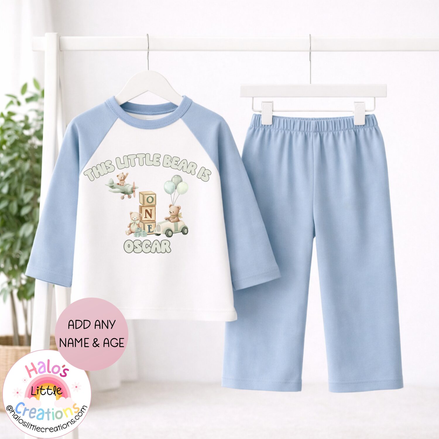 personalised my fairy first birthday pink pyjamas – girls 1st birthday fairy pjs (copy) Plain blue personalised boys first birthday pyjama set with teddy bear design