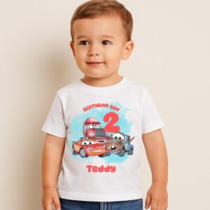 Toddler wearing personalised Cars birthday shirt with custom name and age