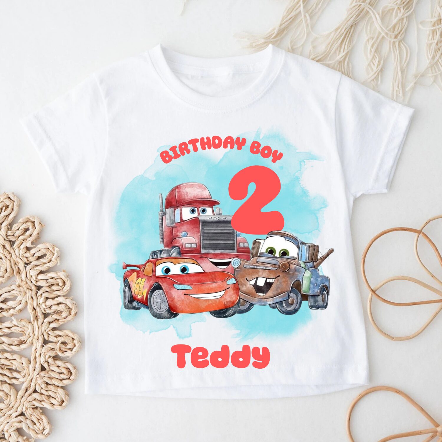 Personalised birthday boy Cars t-shirt featuring custom age number and name
