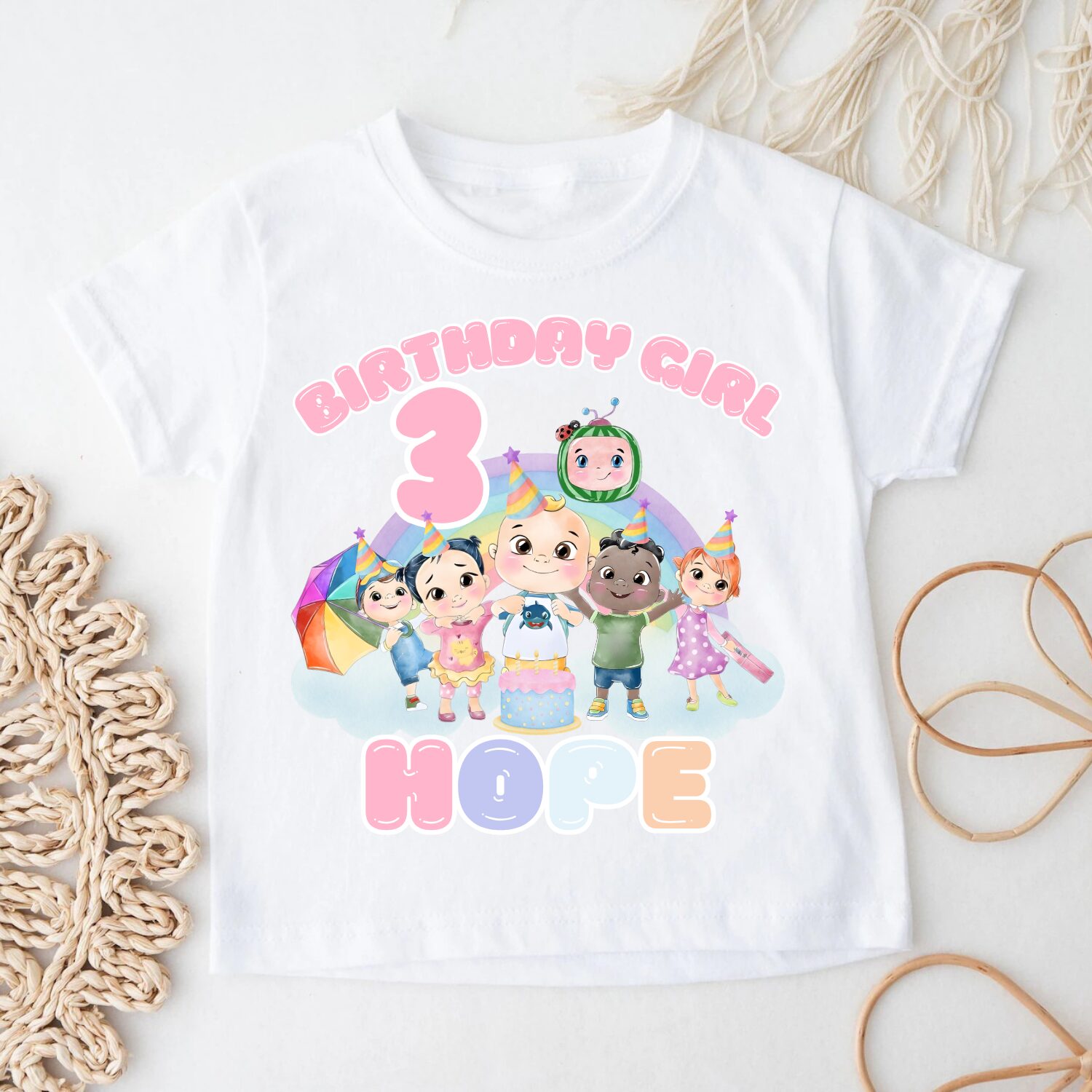 Custom Cocomelon Birthday Girl T Shirt hanging mockup with personalised name