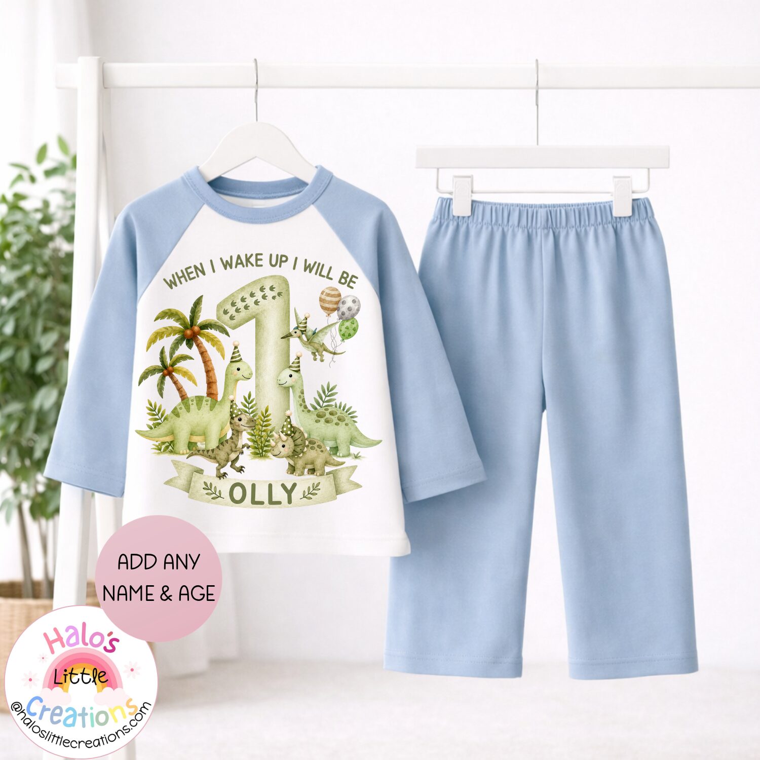 Personalised first birthday dinosaur pyjamas featuring custom name, age and watercolour dinosaur artwork