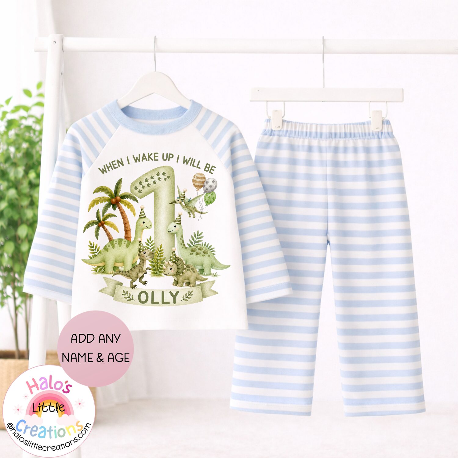 Custom dinosaur birthday pyjamas with personalised name and age displayed on cloud print pyjama set