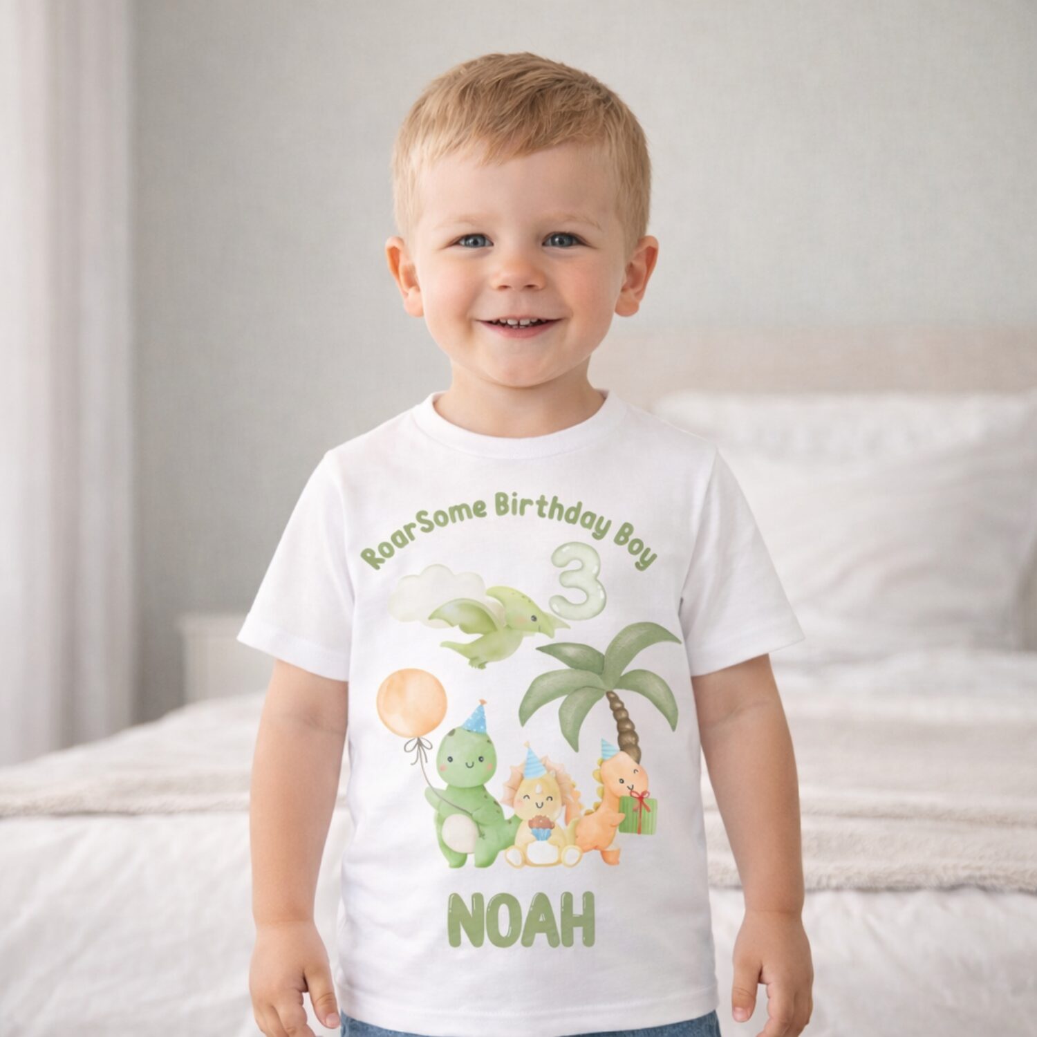 Toddler wearing personalised dinosaur birthday t-shirt with custom name and age