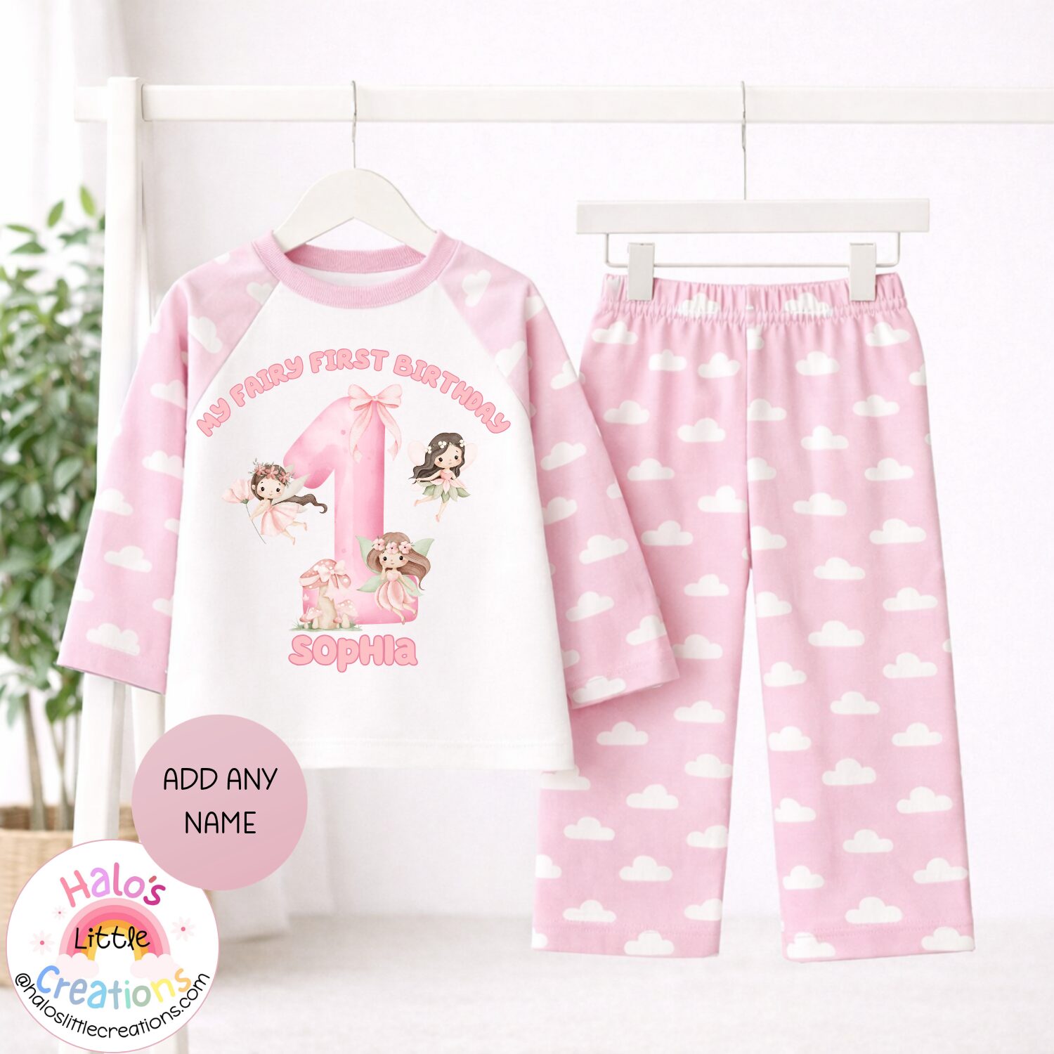 personalised fairy cottage birthday pyjamas (copy) Pink cloud print personalised fairy first birthday pyjama set for girls