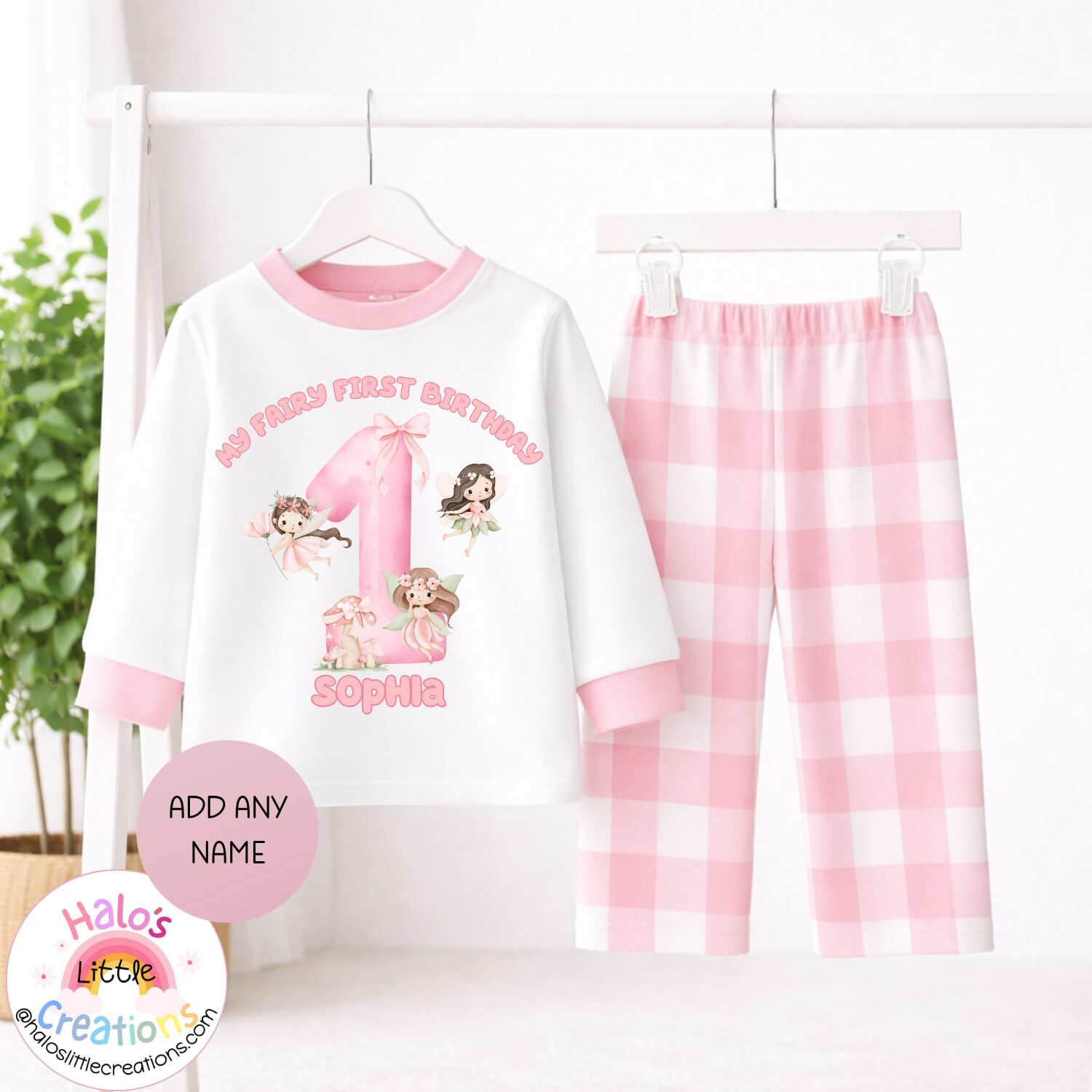 personalised fairy cottage birthday pyjamas (copy) Girls personalised fairy first birthday pink gingham pyjama set with fairy number one design
