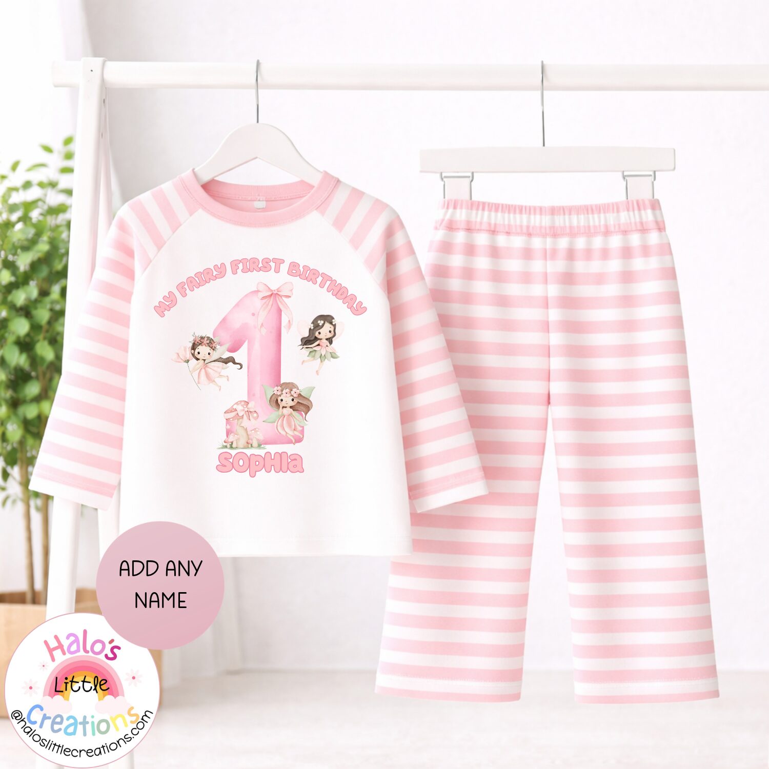 personalised fairy cottage birthday pyjamas (copy) Personalised girls fairy first birthday pink stripe pyjama set with custom name Sophia