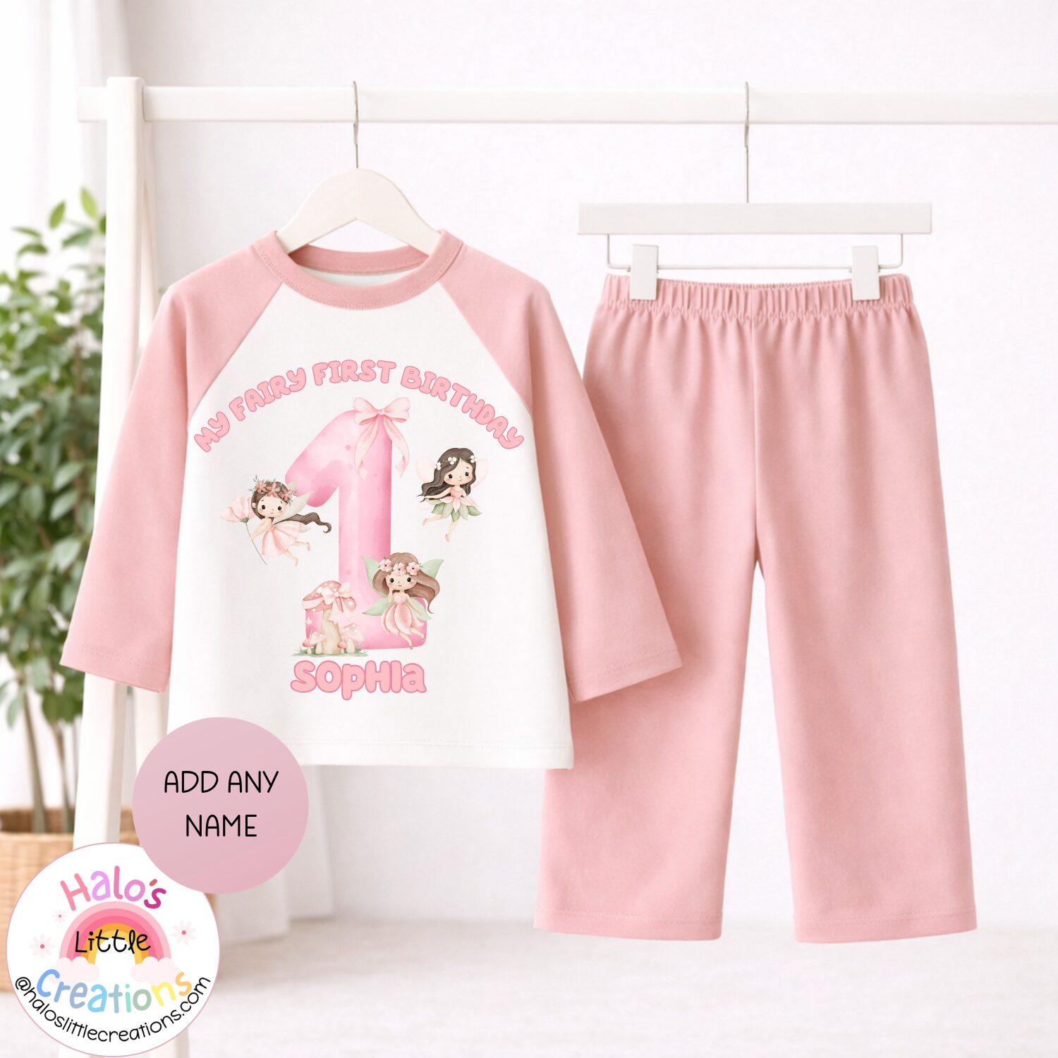 personalised fairy cottage birthday pyjamas (copy) Plain pink personalised fairy first birthday pyjamas for girls with custom name