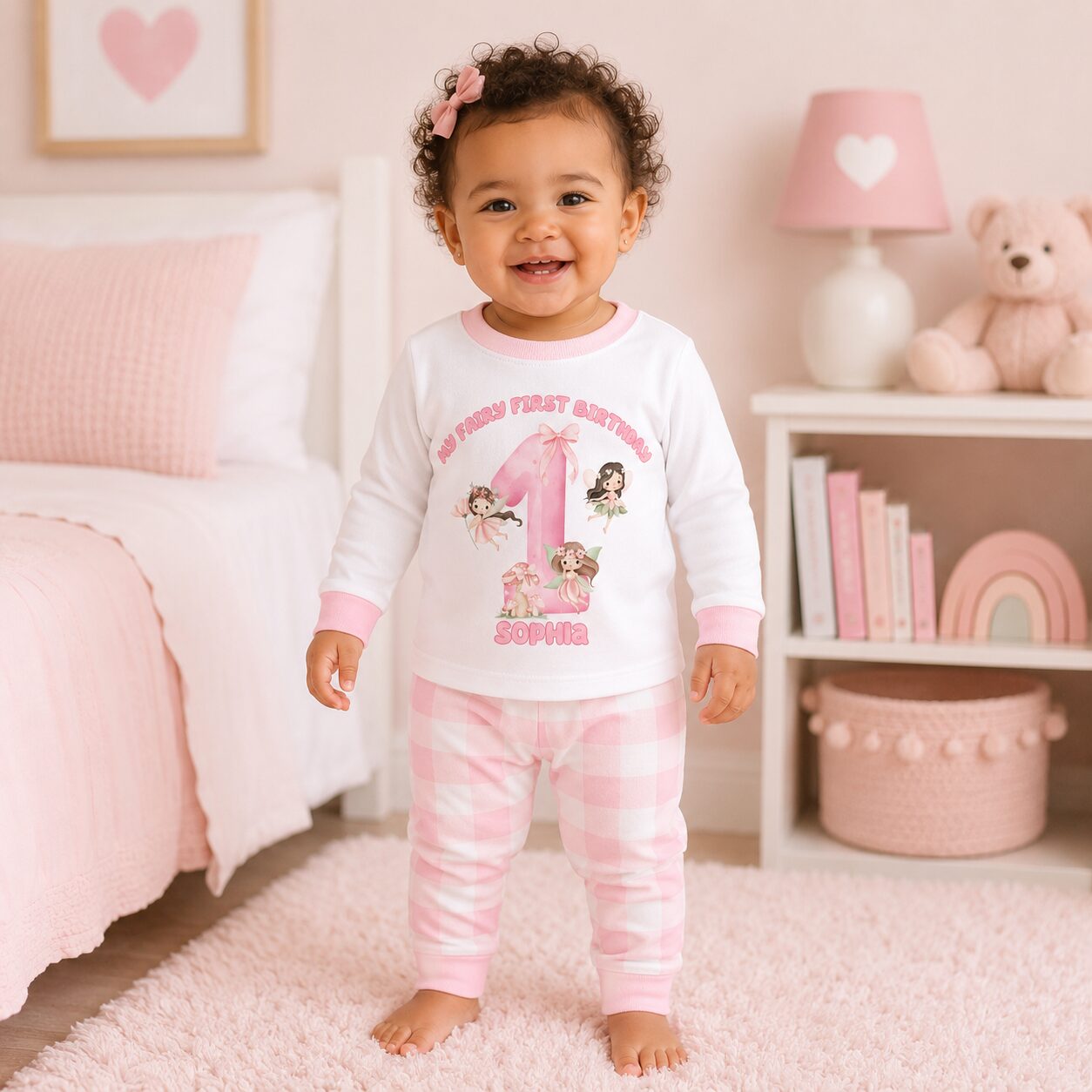 personalised fairy cottage birthday pyjamas (copy) Toddler girl wearing personalised fairy first birthday pyjamas in pink bedroom lifestyle photo