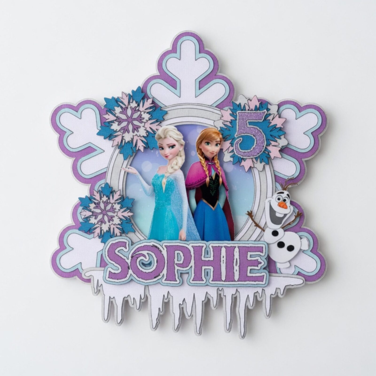 Personalised Frozen birthday cake topper featuring snowflakes, icy details, custom name and age decoration