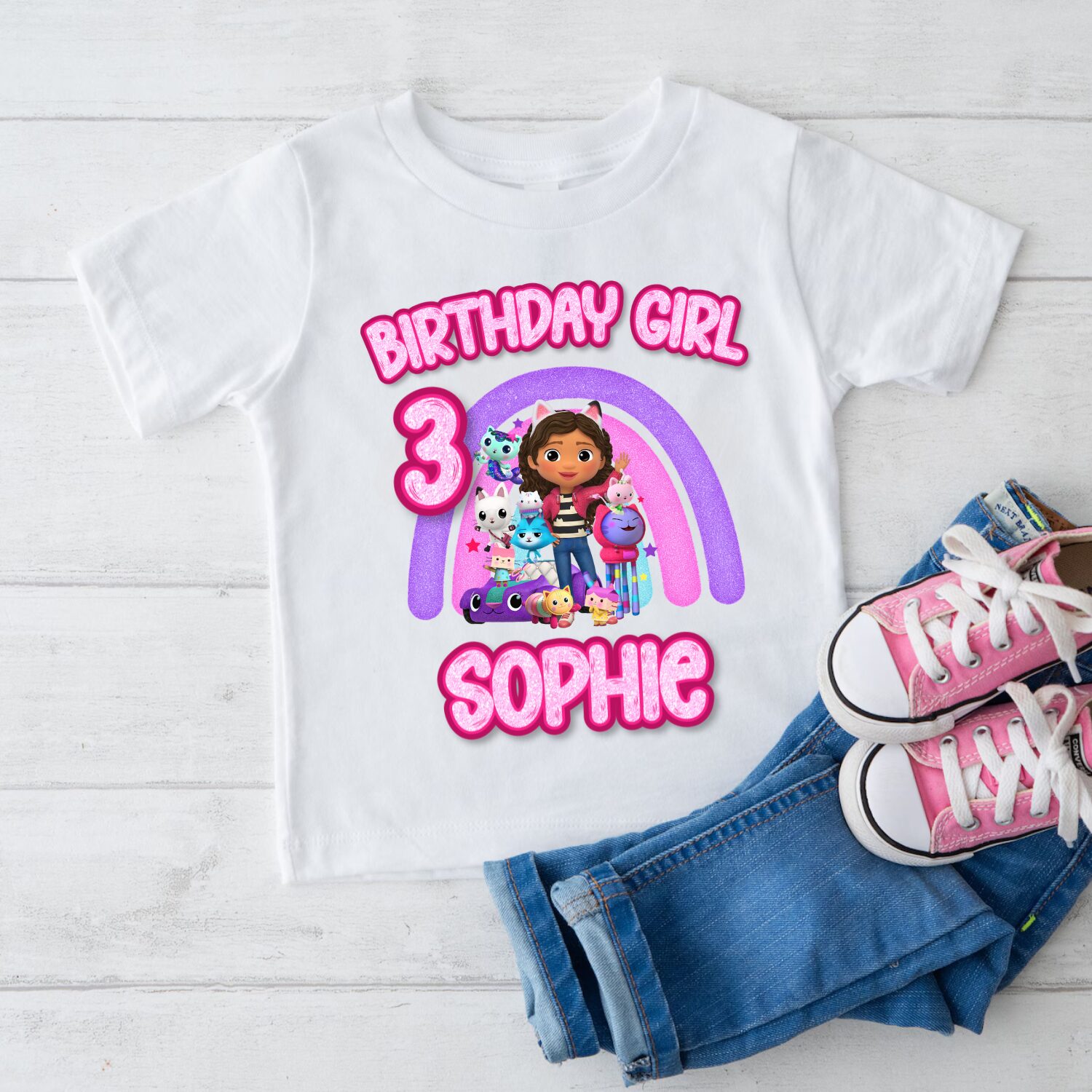 Personalised Gabby's Dollhouse birthday t-shirt with custom name Sophie and age 3 on white children's shirt