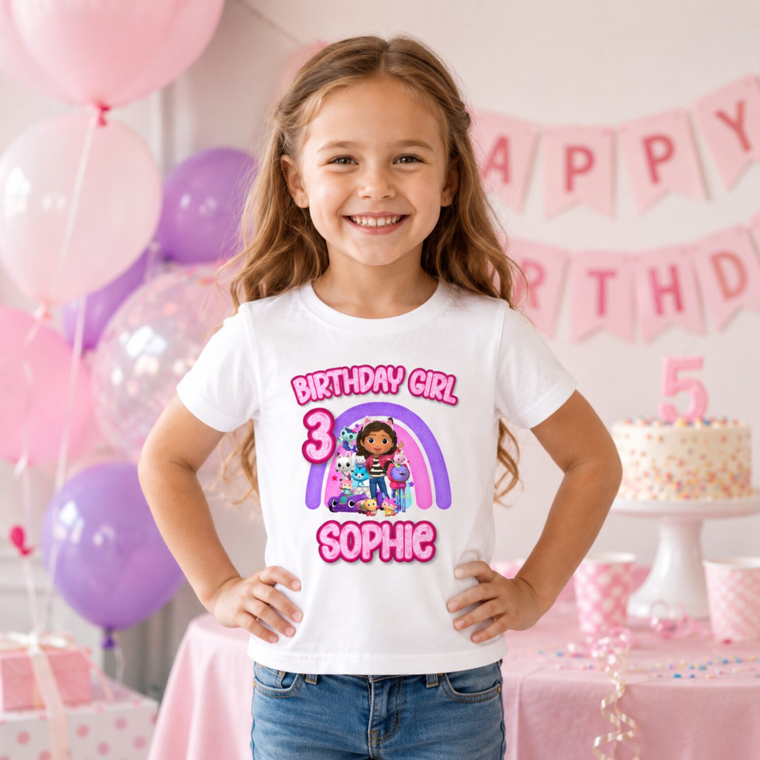 Child wearing personalised Gabby's Dollhouse birthday t-shirt with custom name Sophie and age 3 at birthday celebration