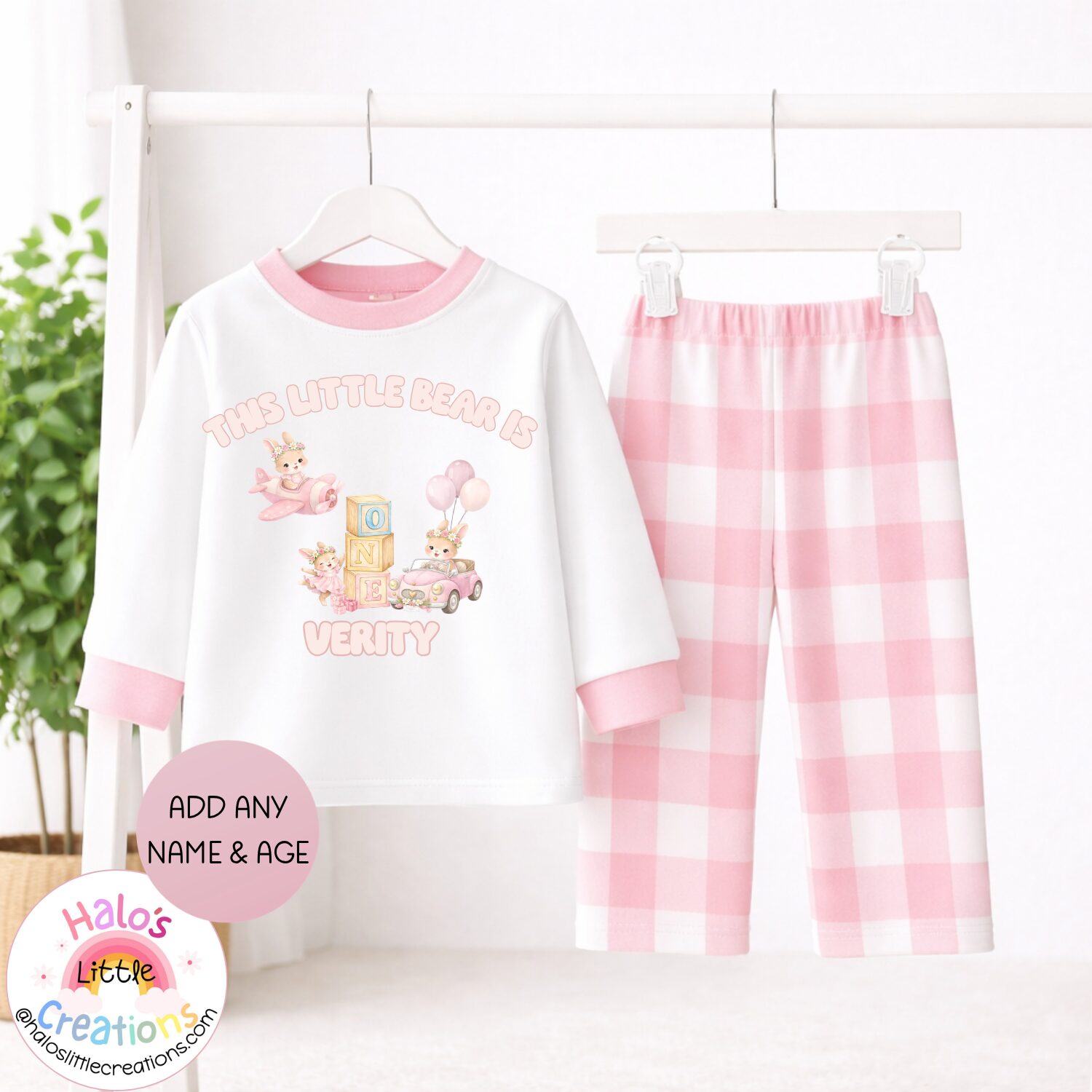 Pink gingham personalised girls first birthday pyjama set with teddy bear design