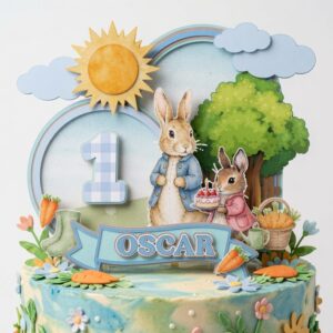 Personalised Peter Rabbit inspired layered cardstock cake topper with bunny characters, rainbow, tree, sunshine, name banner and custom age for a first birthday cake.