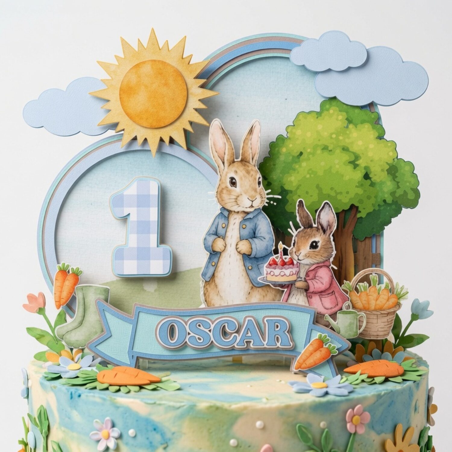 personalised bluey cake topper with name & age | bluey birthday cake decoration (copy) Personalised Peter Rabbit inspired layered cardstock cake topper with bunny characters, rainbow, tree, sunshine, name banner and custom age for a first birthday cake.