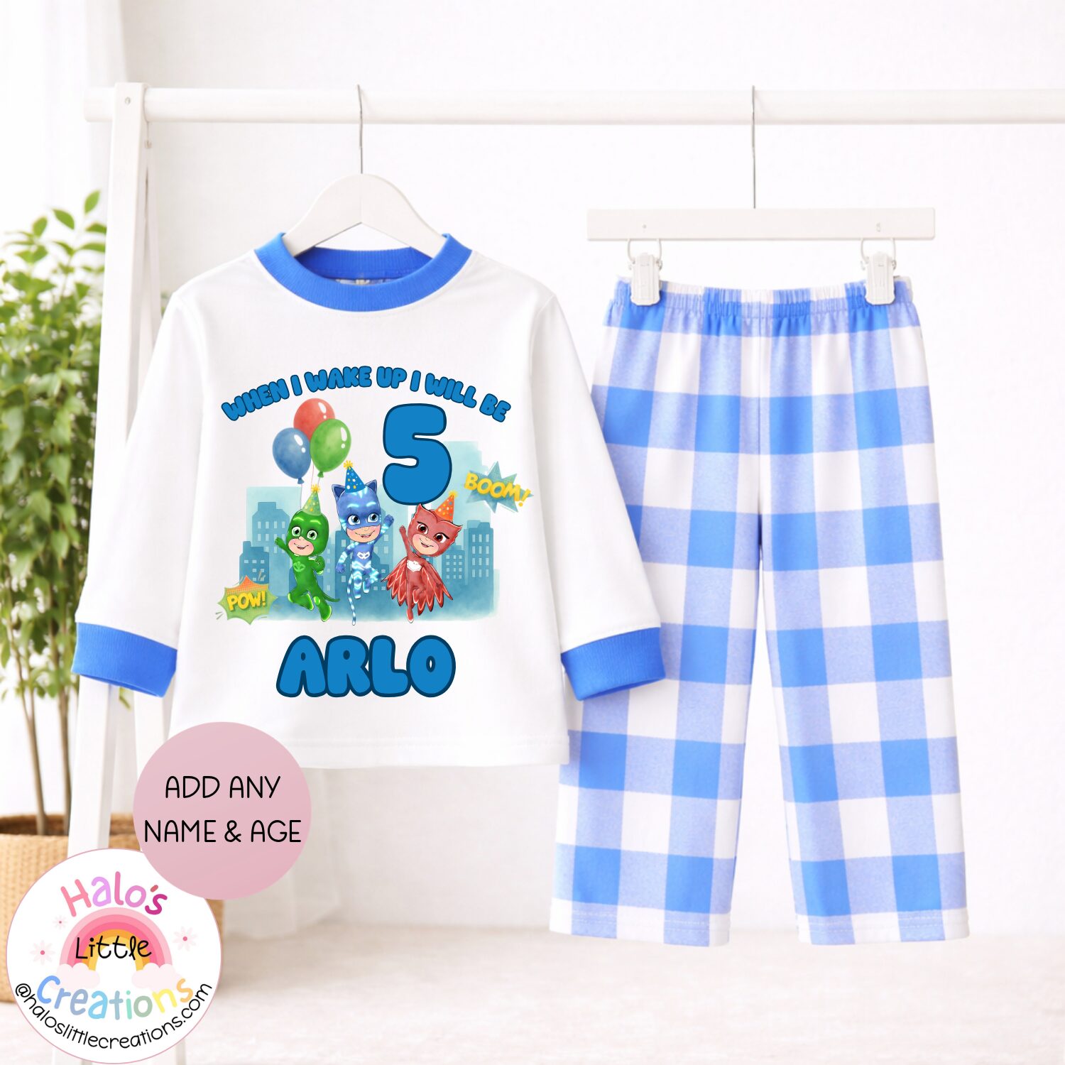 Personalised PJ Masks birthday pyjamas with custom name Arlo and age 5 on blue striped pyjama set
