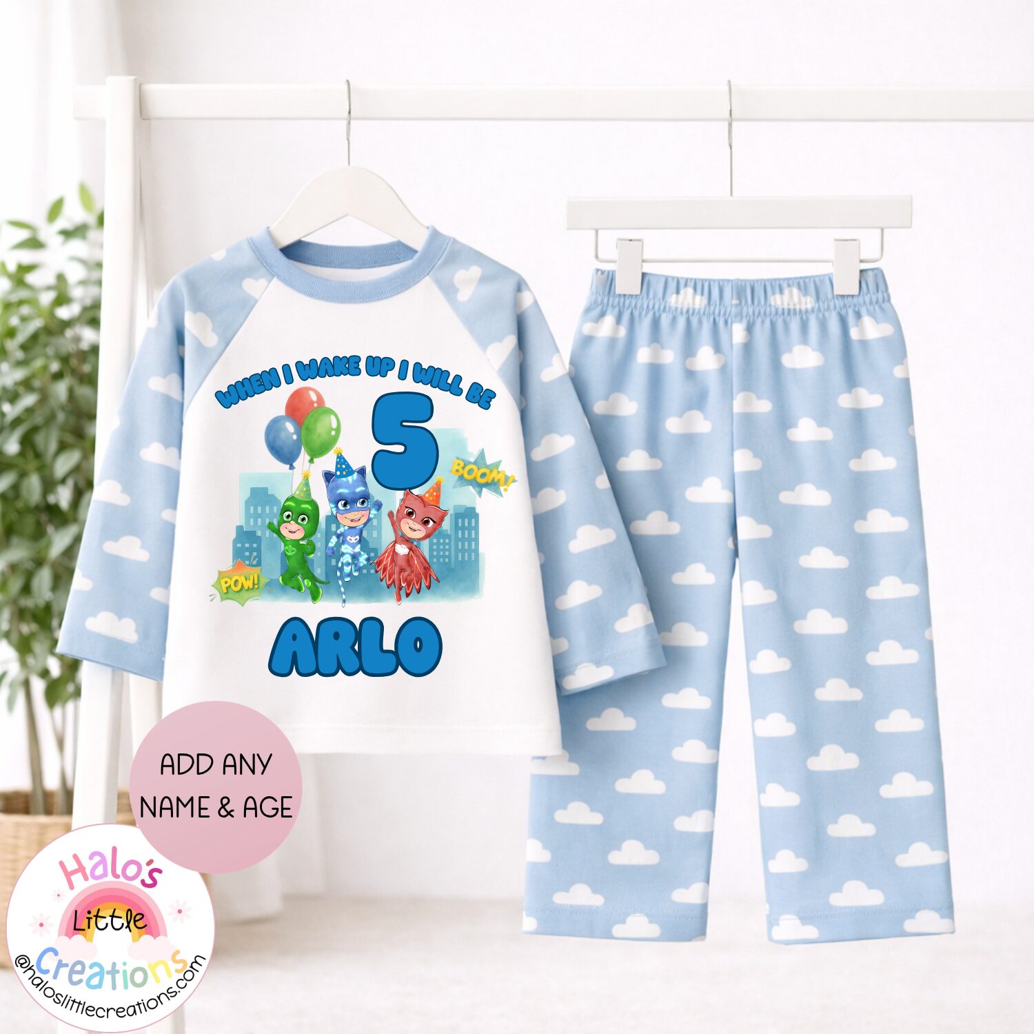 PJ Masks birthday pyjamas personalised with name and age featuring Catboy Owlette and Gekko