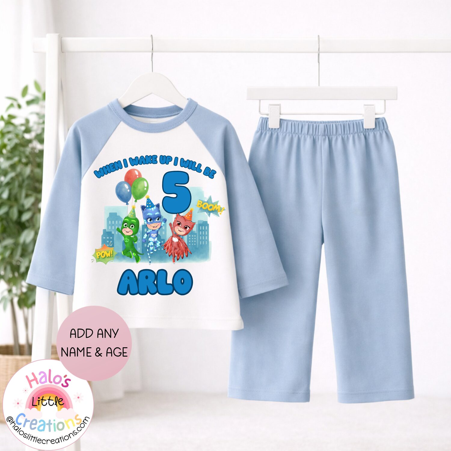 Personalised superhero birthday pyjamas with custom name and age featuring PJ Masks characters