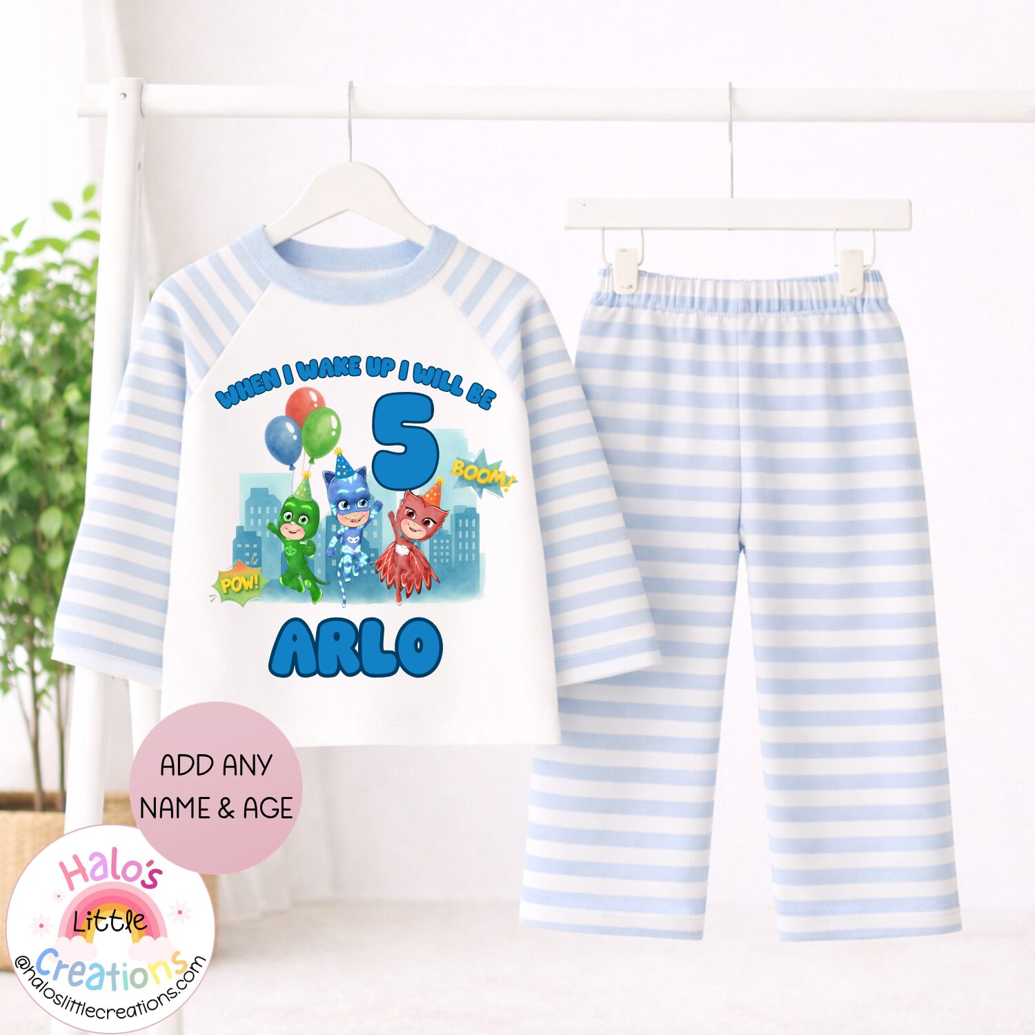 When I Wake Up I Will Be birthday pyjamas with personalised name age and PJ Masks design