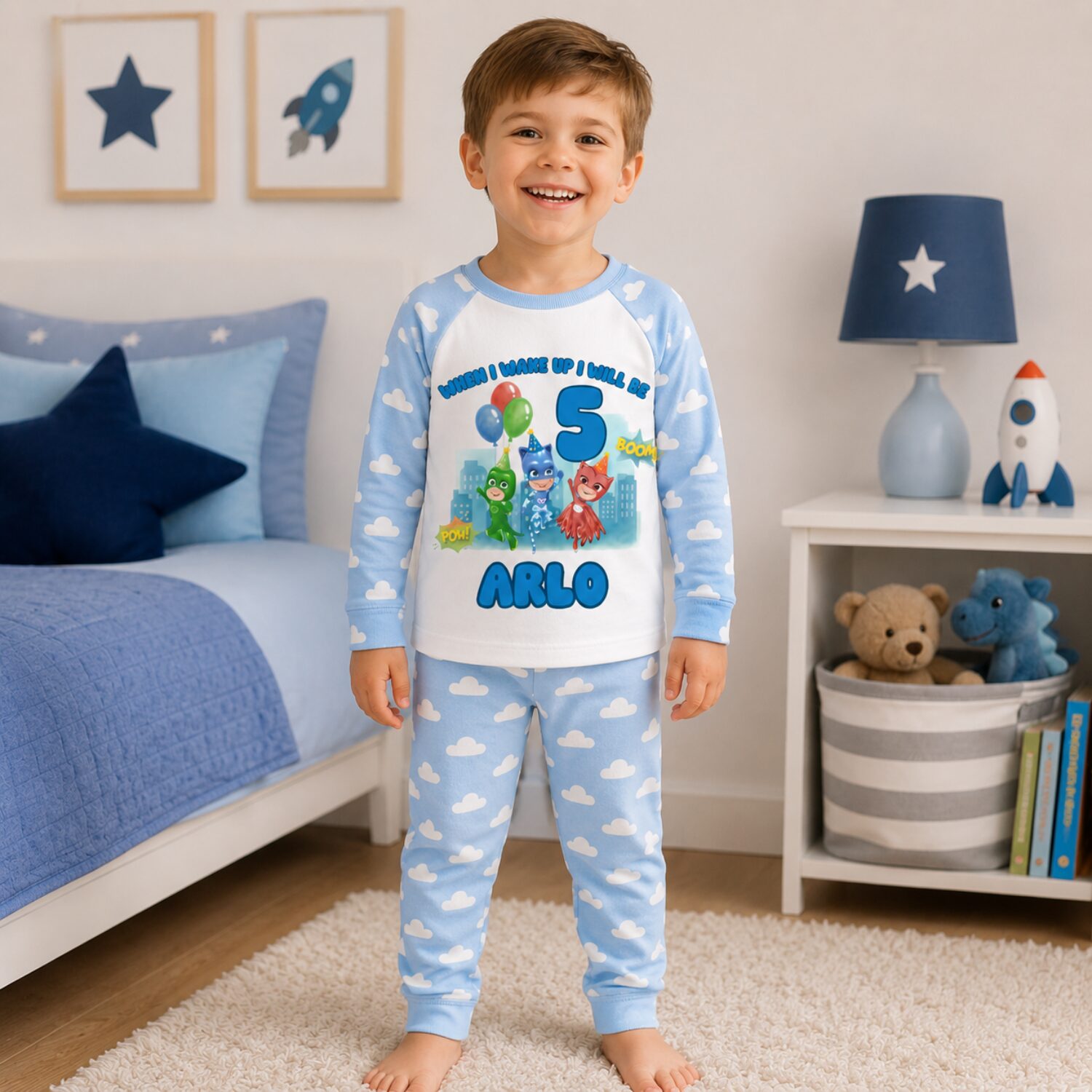 Personalised PJ Masks birthday pyjamas for girls with custom name Leah and age 4 on pink striped pyjama set