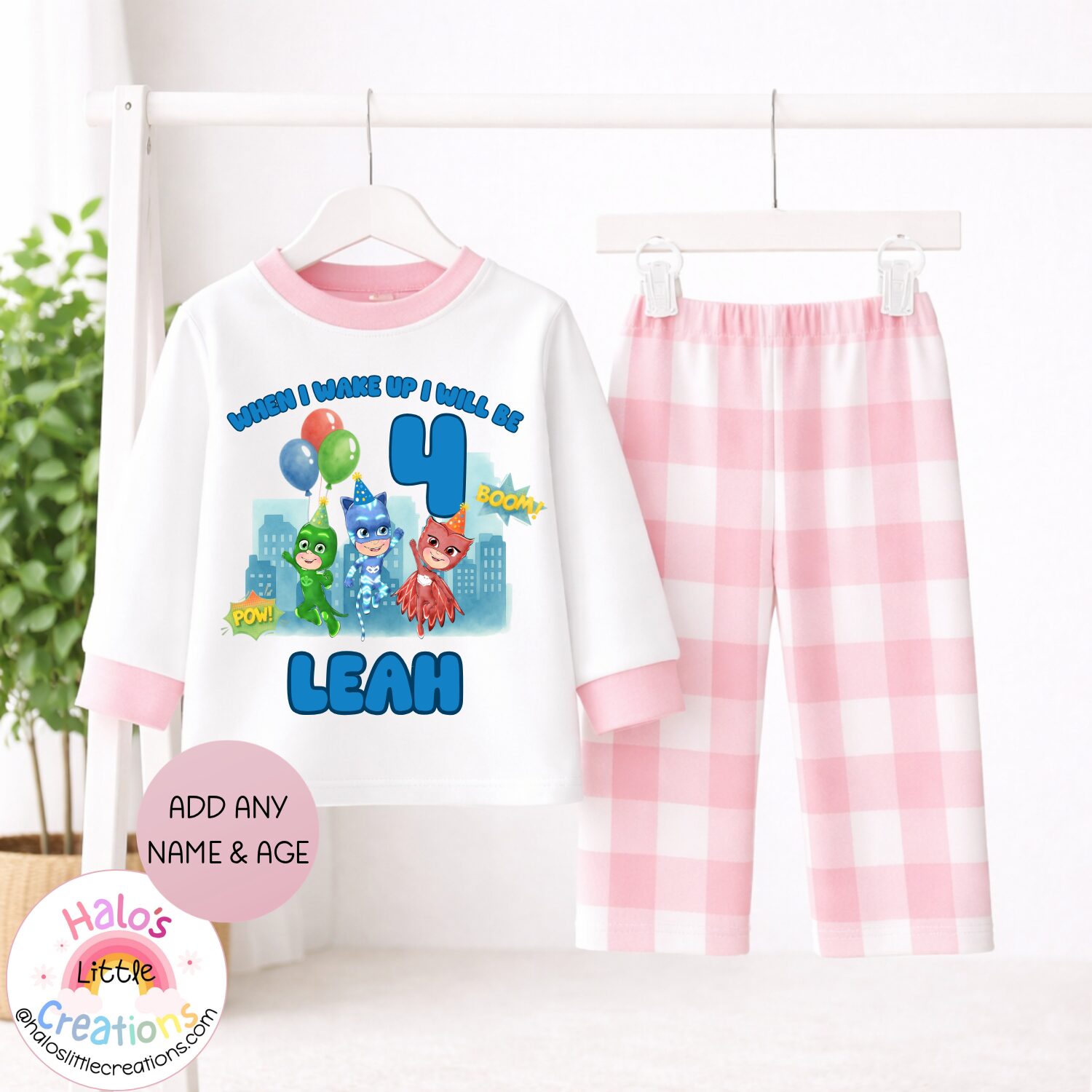 Pink personalised superhero birthday pyjamas featuring Catboy Owlette Gekko custom name and age