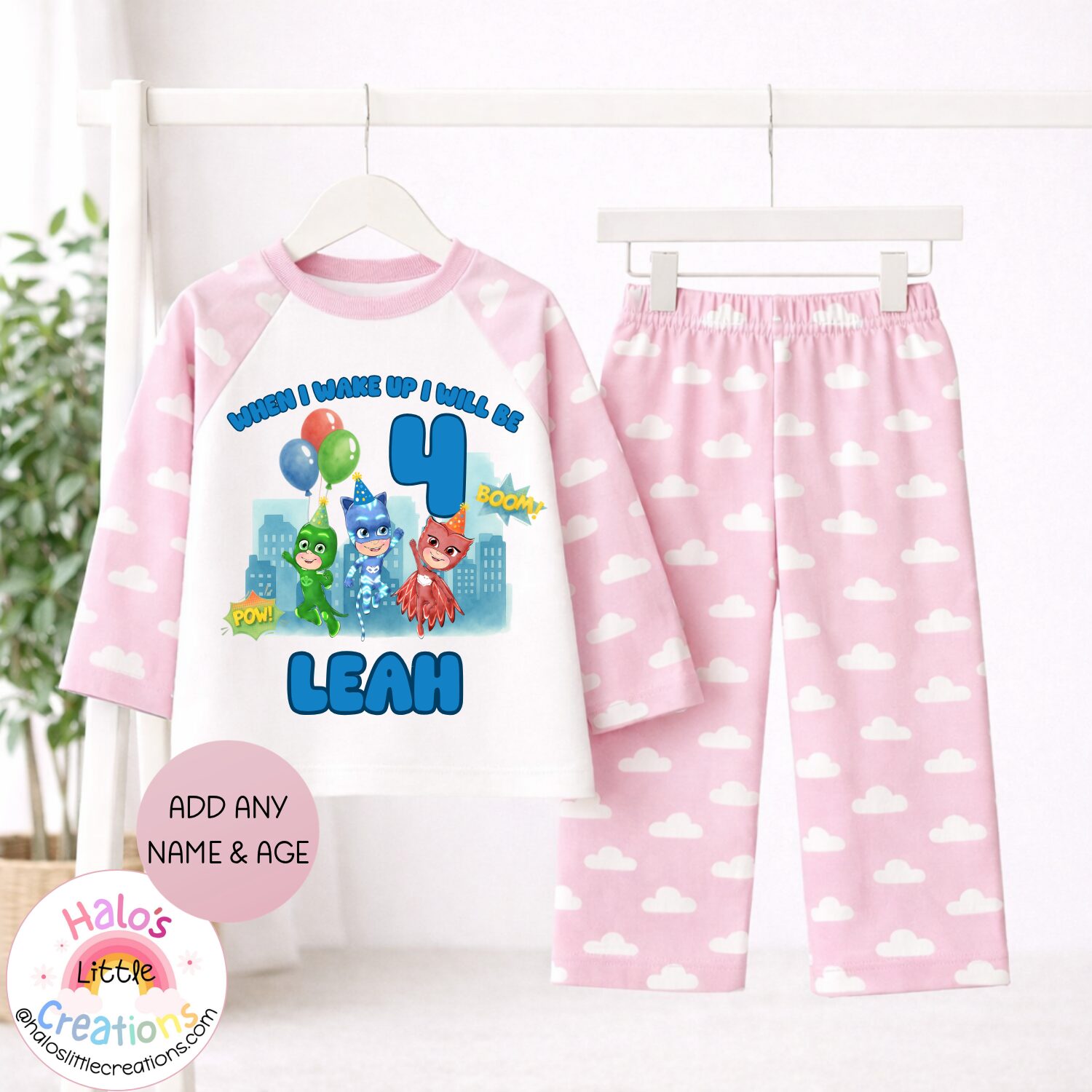 Girls personalised PJ Masks birthday pyjamas with custom age and name