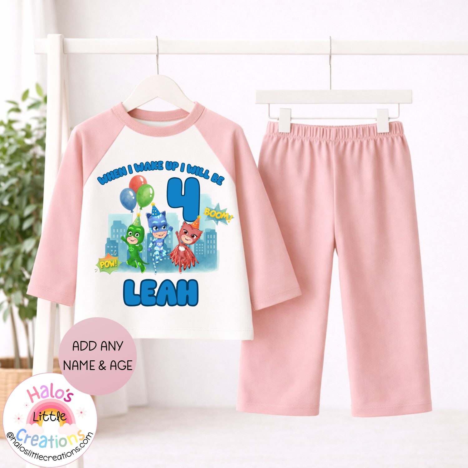 Pink cloud print PJ Masks birthday pyjamas personalised with child's name and age