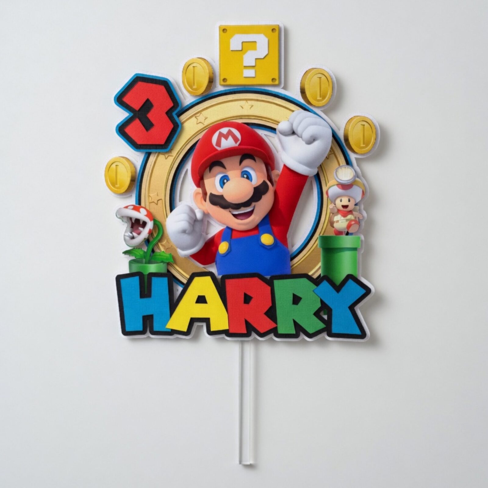 personalised avengers cake topper superhero cake decoration (copy) Personalised Super Mario cake topper with custom name Harry and age 3 displayed on gaming themed birthday cake