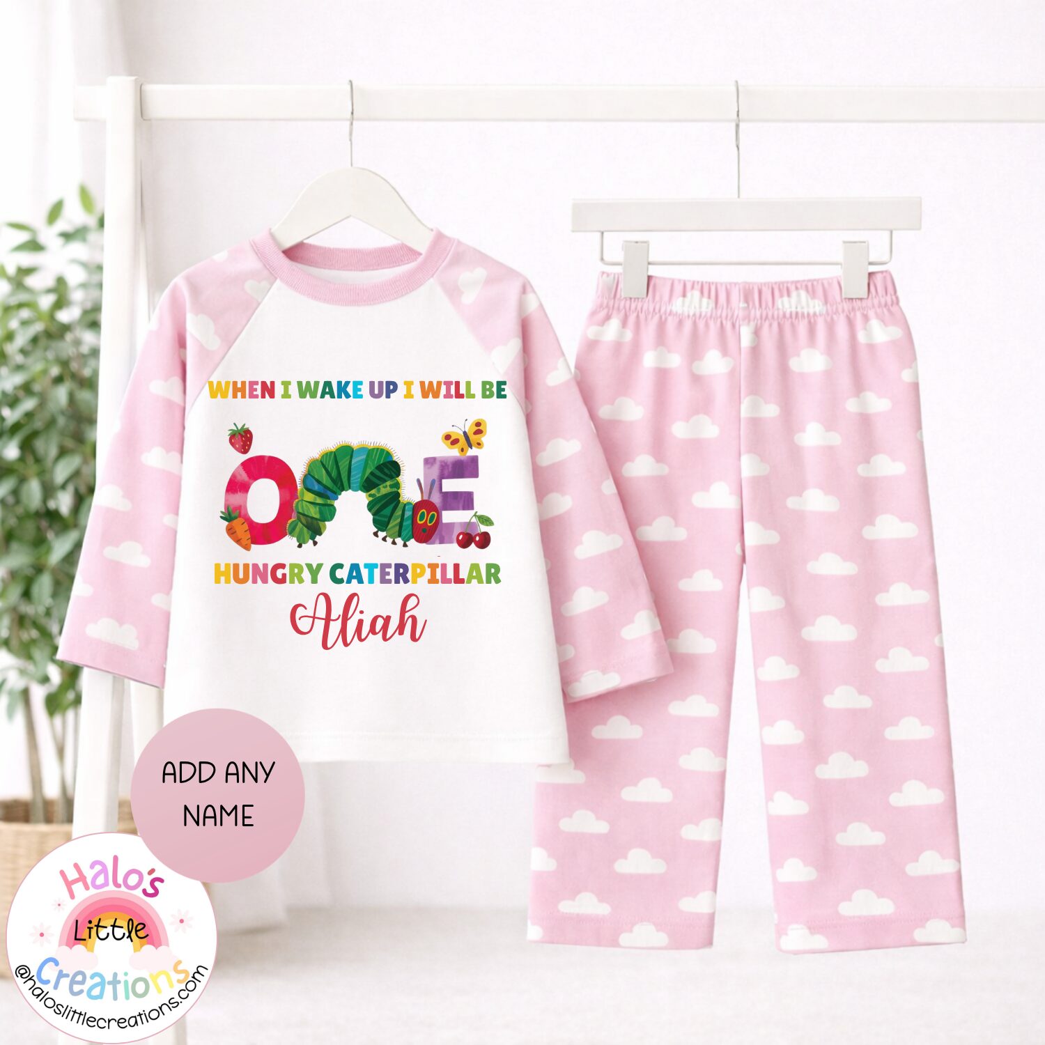 Pink cloud print personalised caterpillar birthday pyjama set