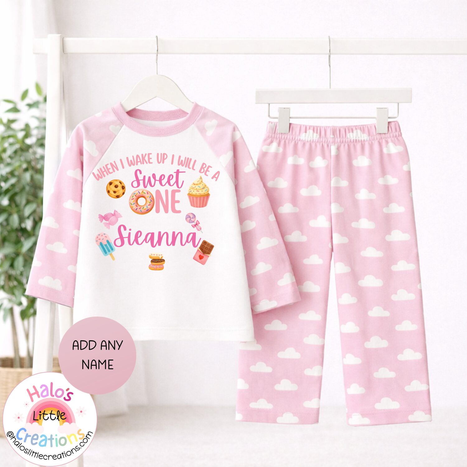 Pink cloud print personalised Sweet One birthday pyjama set