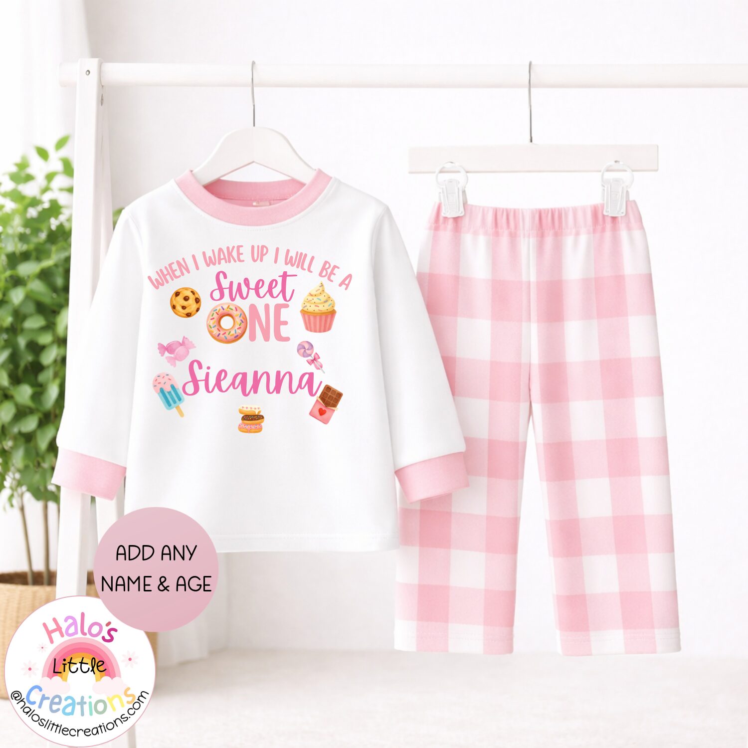 Pink gingham personalised Sweet One birthday pyjama set