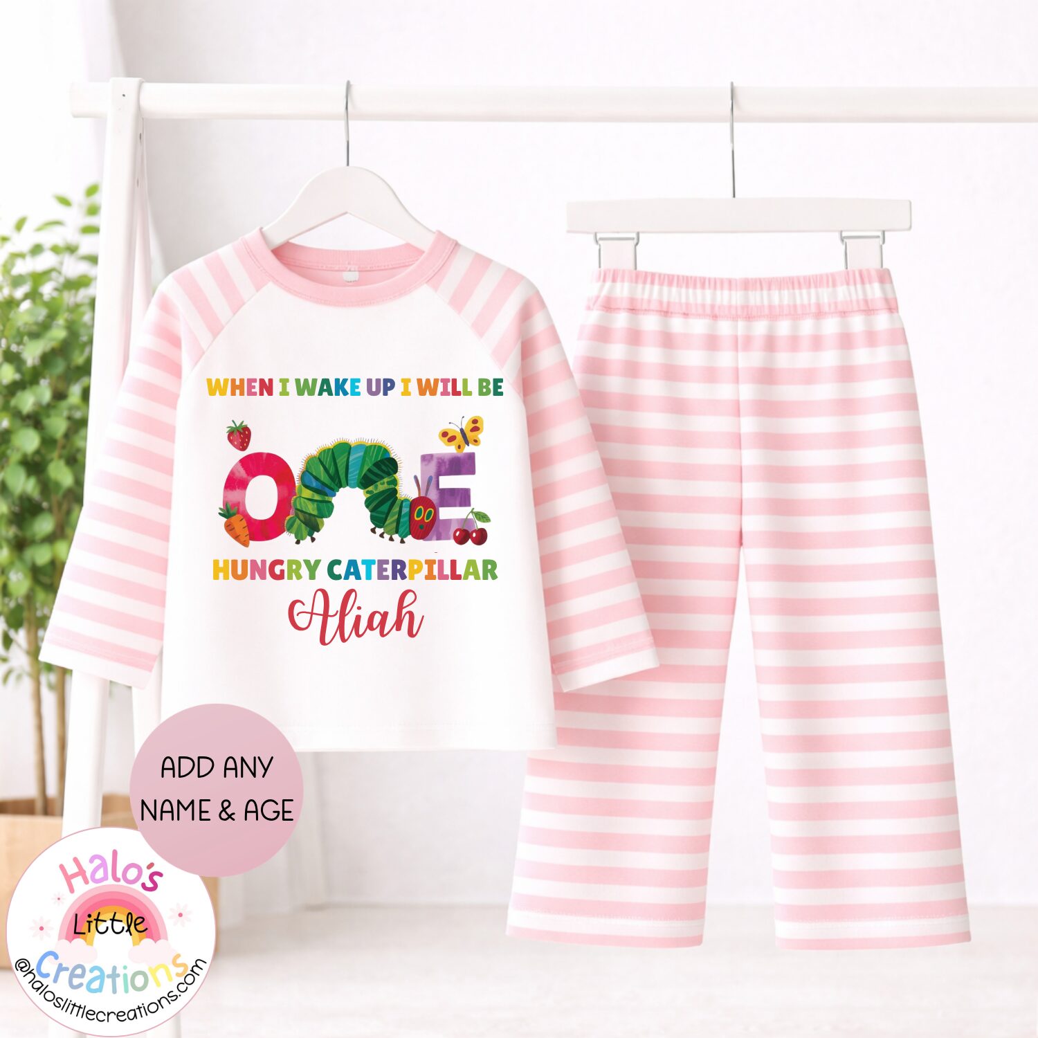 Pink striped personalised Hungry Caterpillar birthday pyjamas for girls