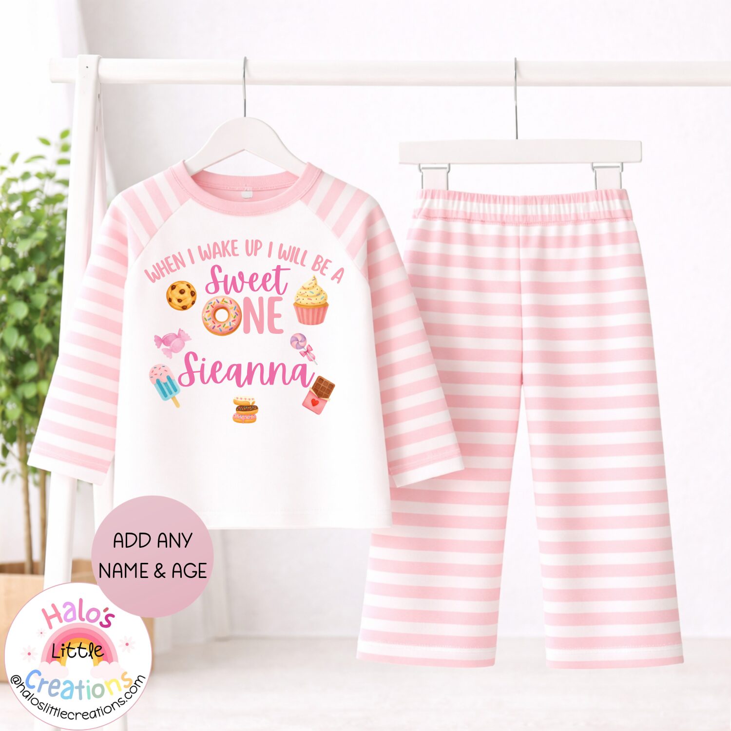 Pink striped personalised Sweet One first birthday pyjamas for girls
