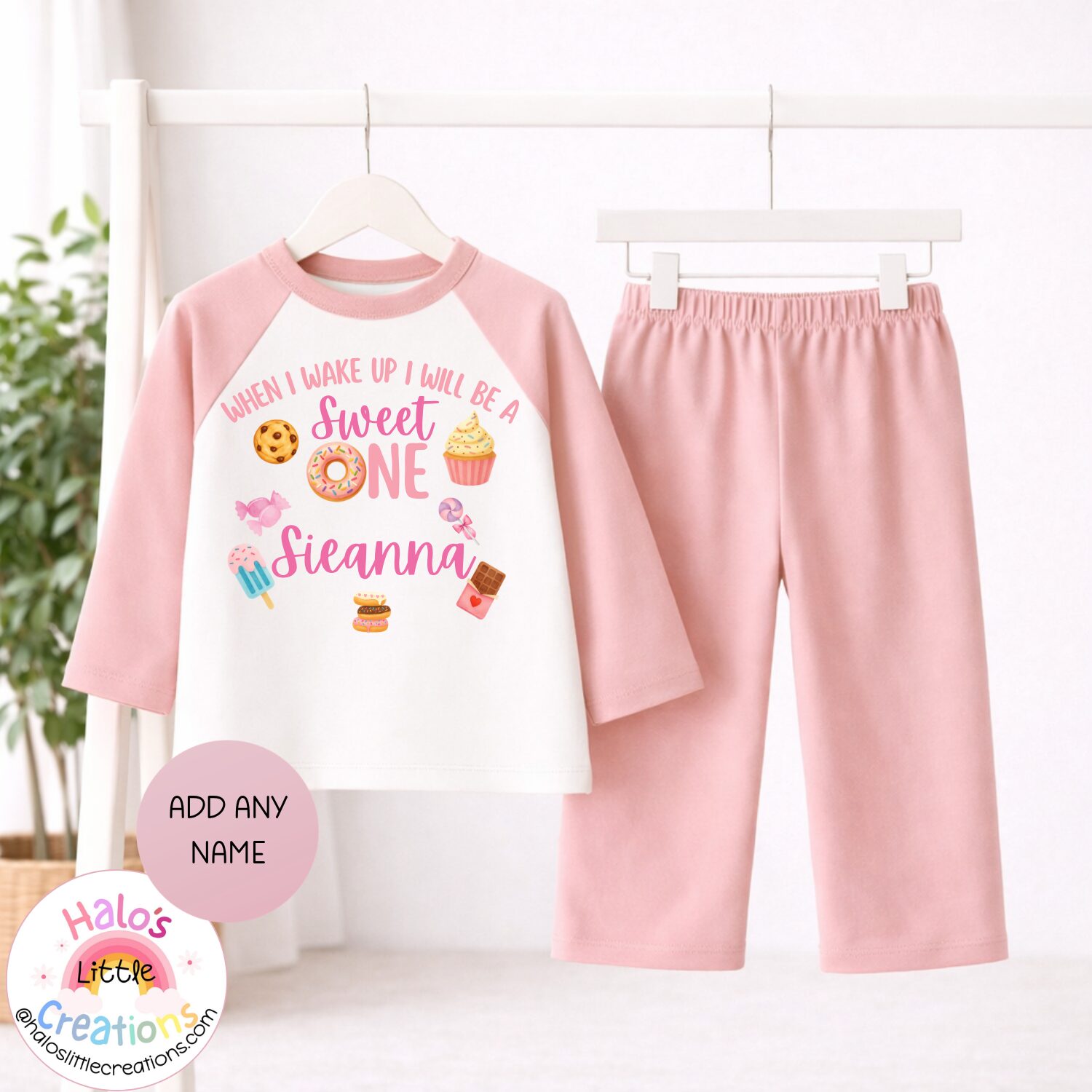 Plain pink personalised Sweet One birthday pyjamas for first birthday