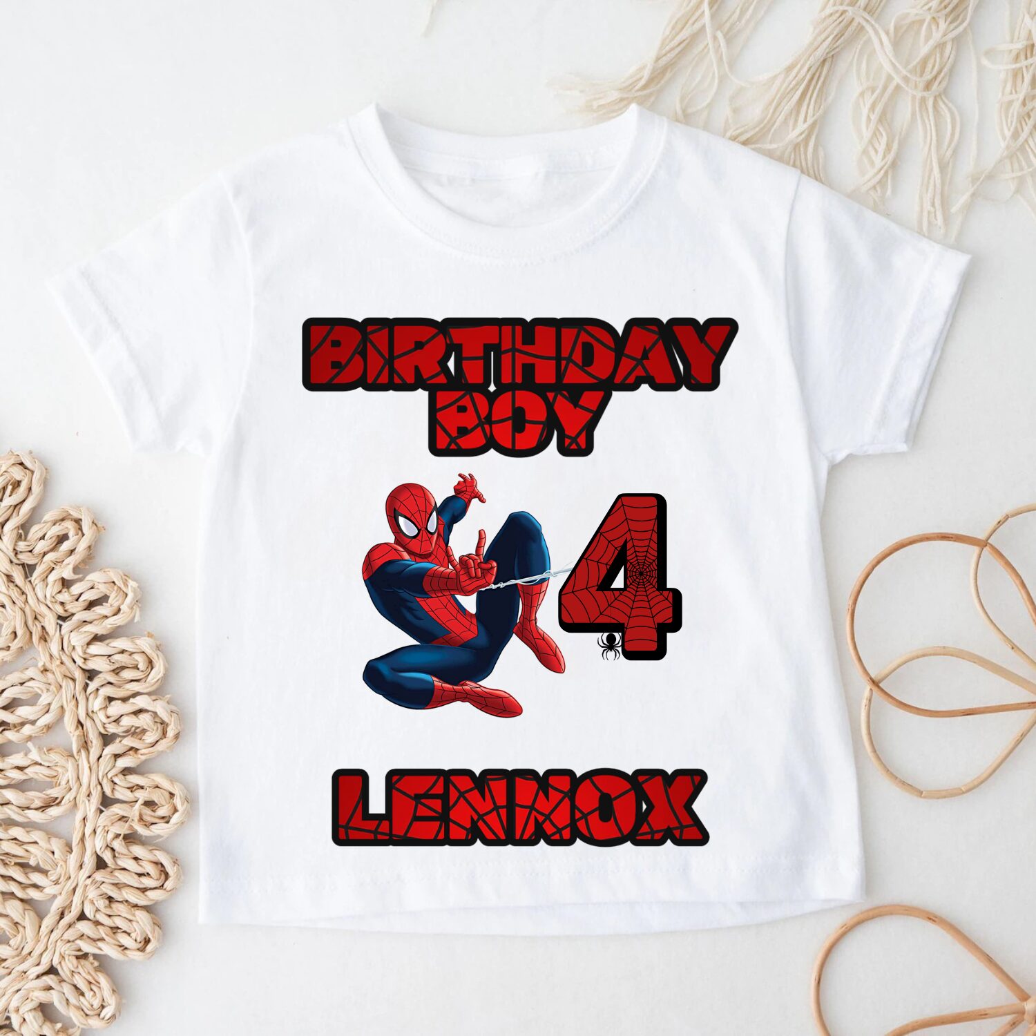 Custom birthday shirt featuring superhero-inspired design with personalised details
