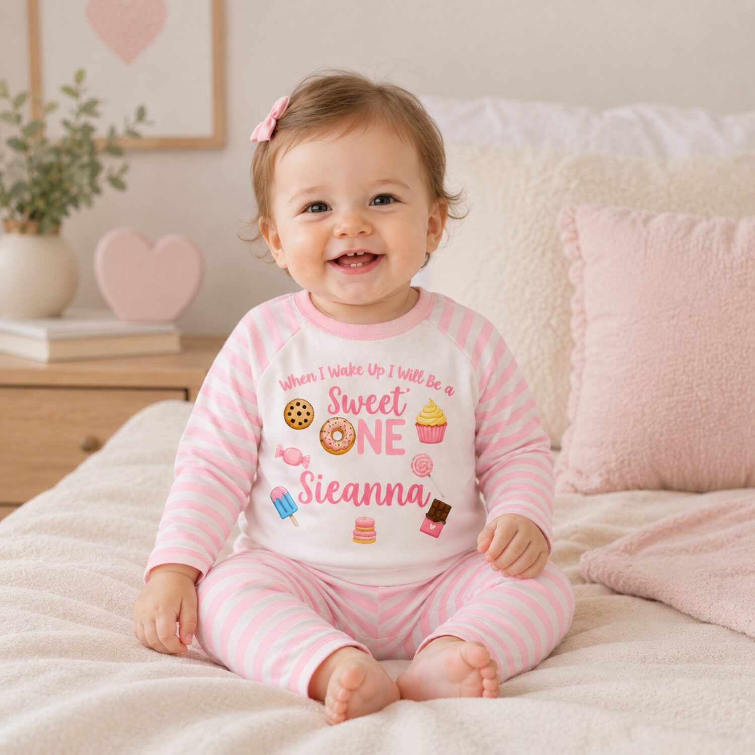 Toddler girl wearing personalised Sweet One birthday pyjamas in bedroom lifestyle photo