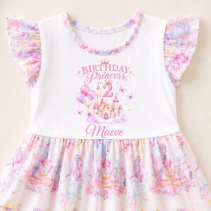 Personalised birthday princess dress with castle design and custom name and age