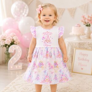 Personalised fairytale princess birthday dress with castle and unicorn print skirt