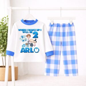 Personalised Boss Baby birthday pyjamas customised with child's name and age available in blue and pink styles
