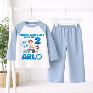 Personalised Boss Baby birthday pyjamas with plain blue sleeves and trousers customised with child's name and age