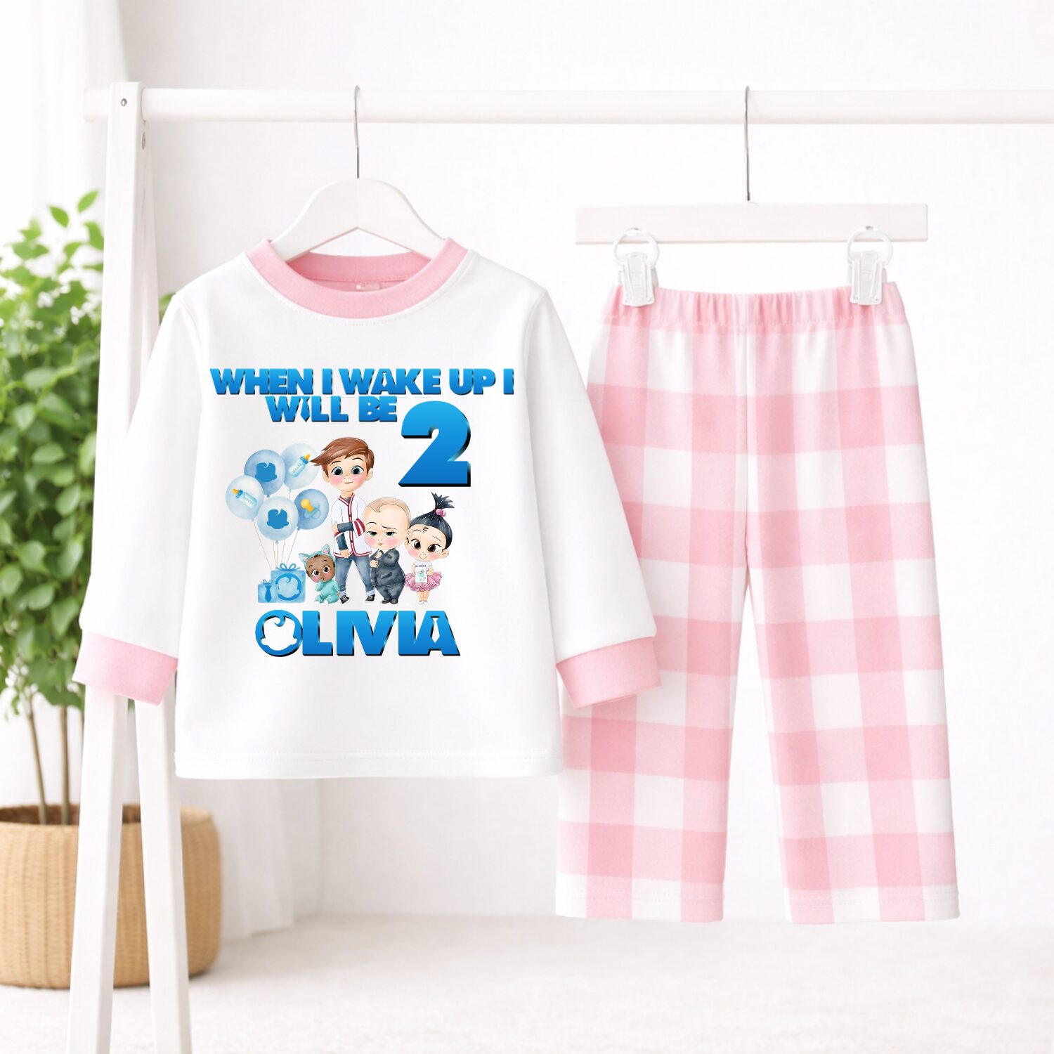 Personalised Boss Baby birthday pyjamas with pink gingham check trousers customised with child's name and age for girls birthday celebration