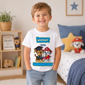 Personalised Paw Patrol inspired Nursery Leavers 2026 t-shirt with graduation puppy characters and custom name Harrison