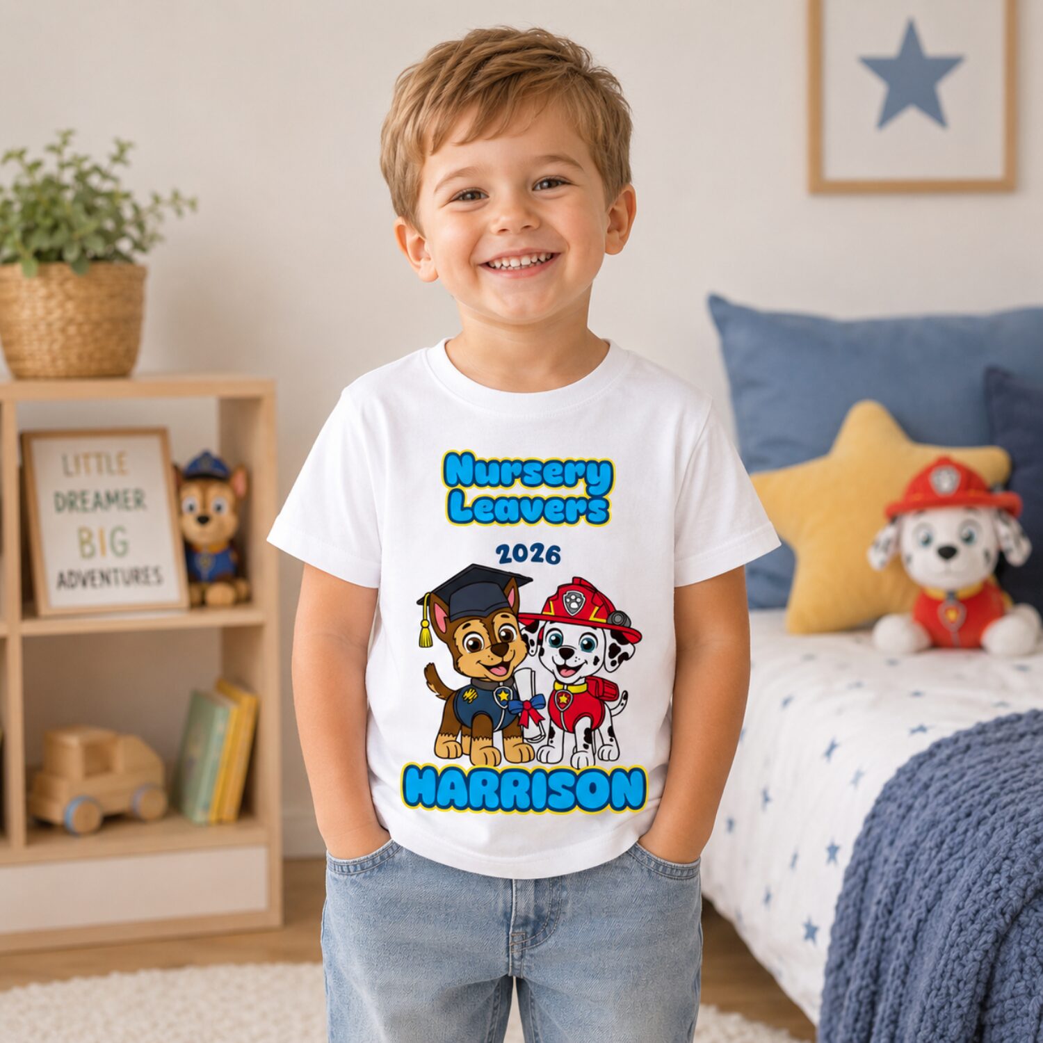 Personalised Paw Patrol inspired Nursery Leavers 2026 t-shirt with graduation puppy characters and custom name Harrison